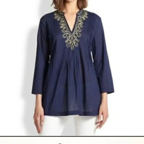 Lilly Pulitzer Sarasota Tunic True Navy Gold BEADED Top Small S - Picture 1 of 9
